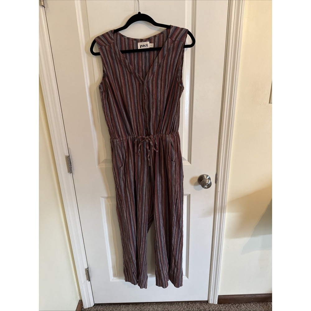 Pact Organic Cotton Cropped Jumpsuit Romper Women's Med Brown Striped Boho Fall